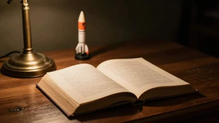 Libro abierto sobre un escritorio de madera con una lámpara encendida