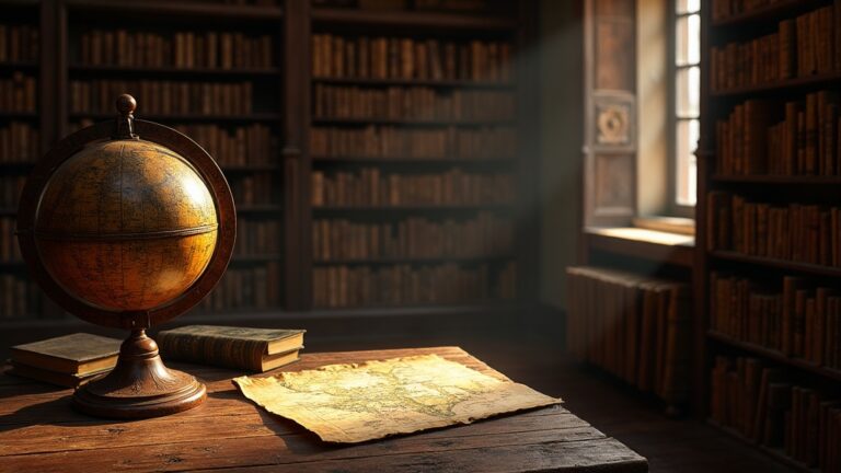 Una biblioteca antigua con estanterías de madera oscura hasta el techo, un globo terráqueo del siglo XIX y un mapa desplegado sobre una mesa, luz cálida de lámpara, atmósfera de ar